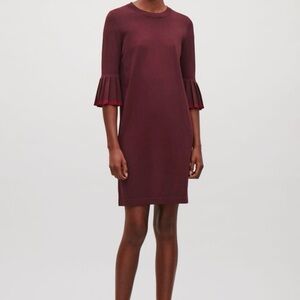 COS Burgundy Midi Dress with Pleated Sleeves